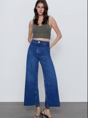 Zara The Marine Straight High Waist Wide Leg Blue Jean size 4